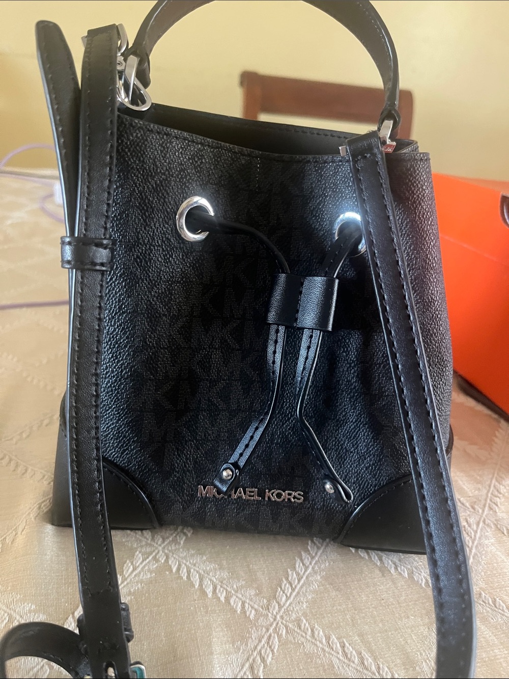 Michael Kors Black Logo Drawstring Mini Bucket Bag